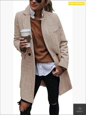 Classic Trench Coat Notch Lapel Double Breasted Wool Blend Pea Coat Chic